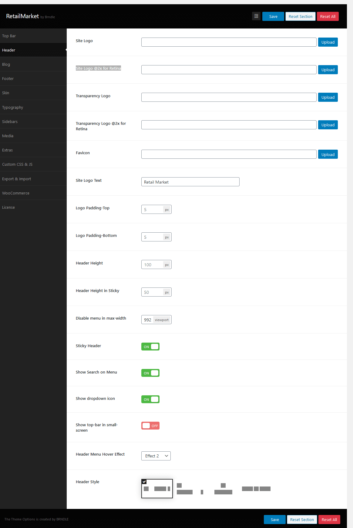 header settings