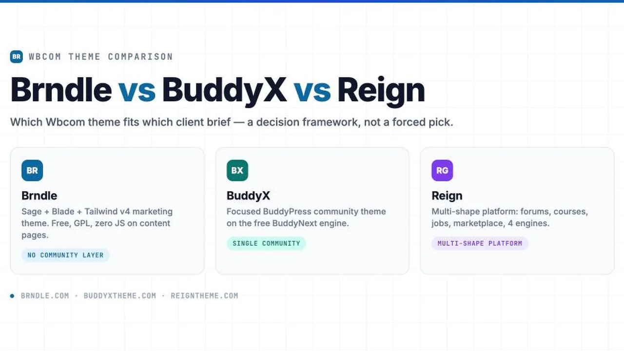 Comparison graphic showing Brndle, BuddyX, and Reign as three Wbcom Designs WordPress themes with their core positioning tags