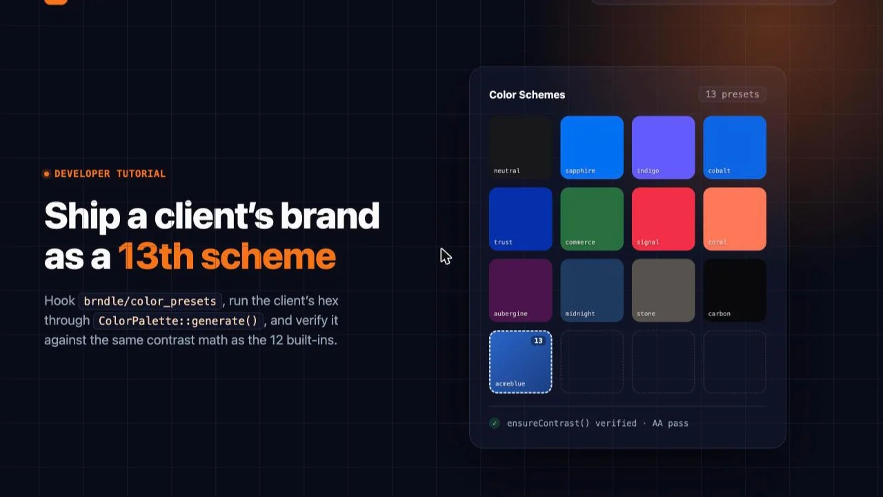 Brndle admin color scheme grid showing the 12 built-in presets plus a highlighted 13th acmeblue scheme added via the brndle/color_presets filter, with an ensureContrast AA pass badge